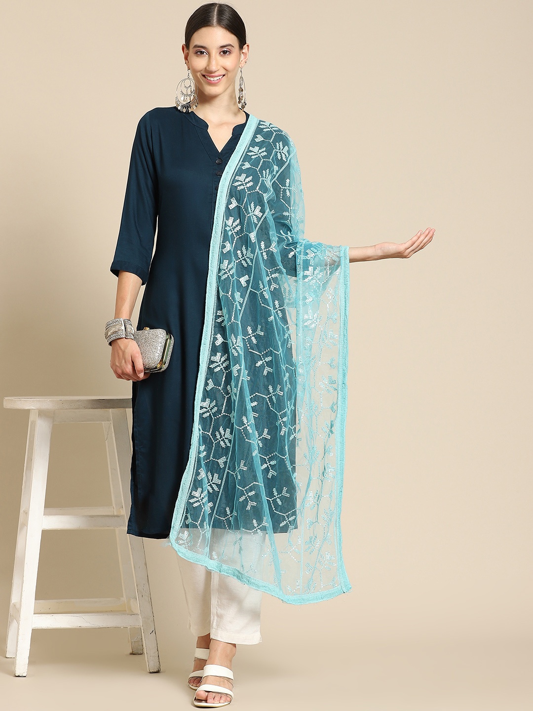 

Saadgi Blue & Gold-Toned Ethnic Motifs Embroidered Dupatta with Chikankari