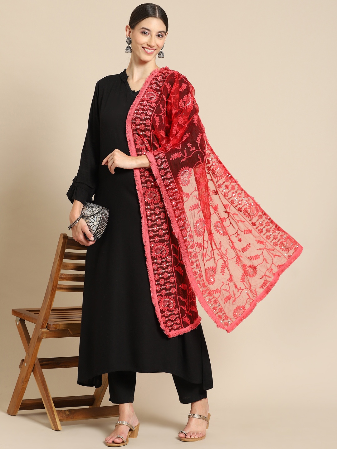 

Saadgi Red Chikankari Embroidered Dupatta