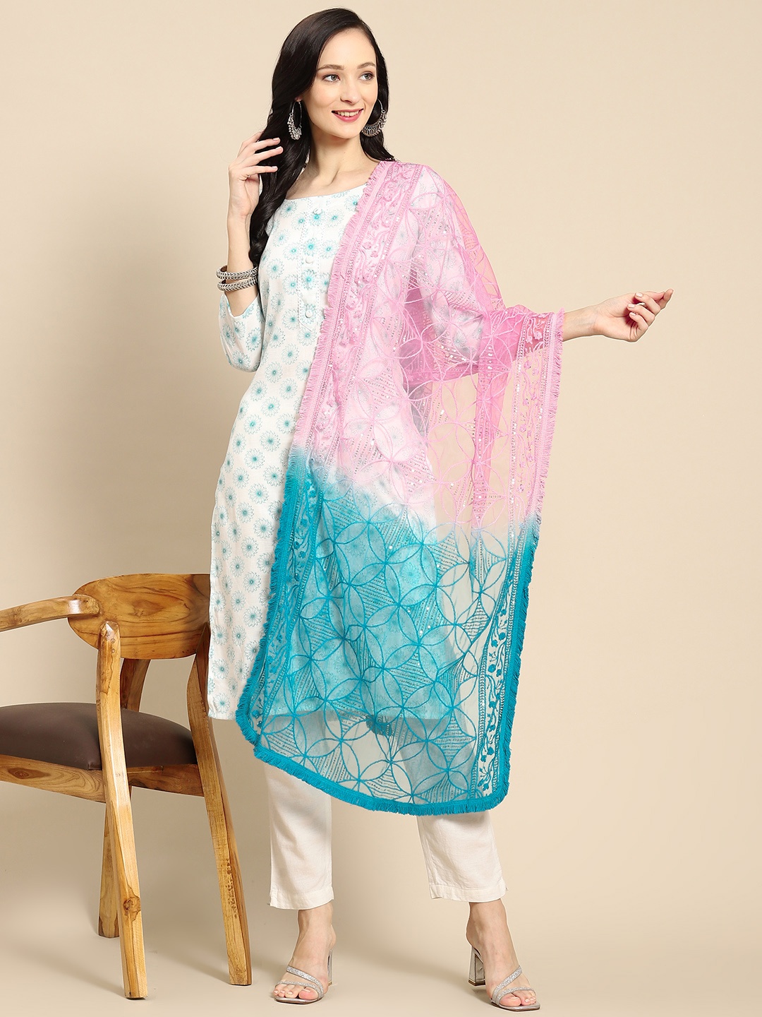 

Saadgi Pink & Blue Ethnic Motifs Embroidered Ombre Dupatta with Chikankari