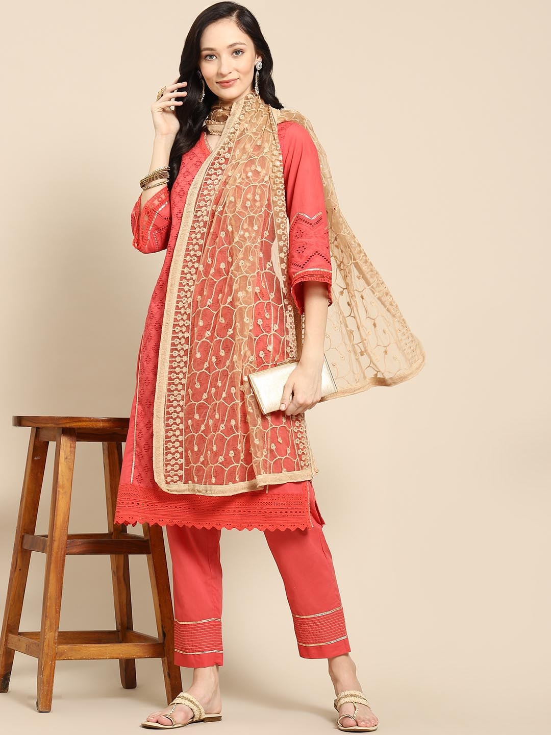 

Saadgi Beige & Gold-Toned Ethnic Motifs Embroidered Dupatta with Chikankari