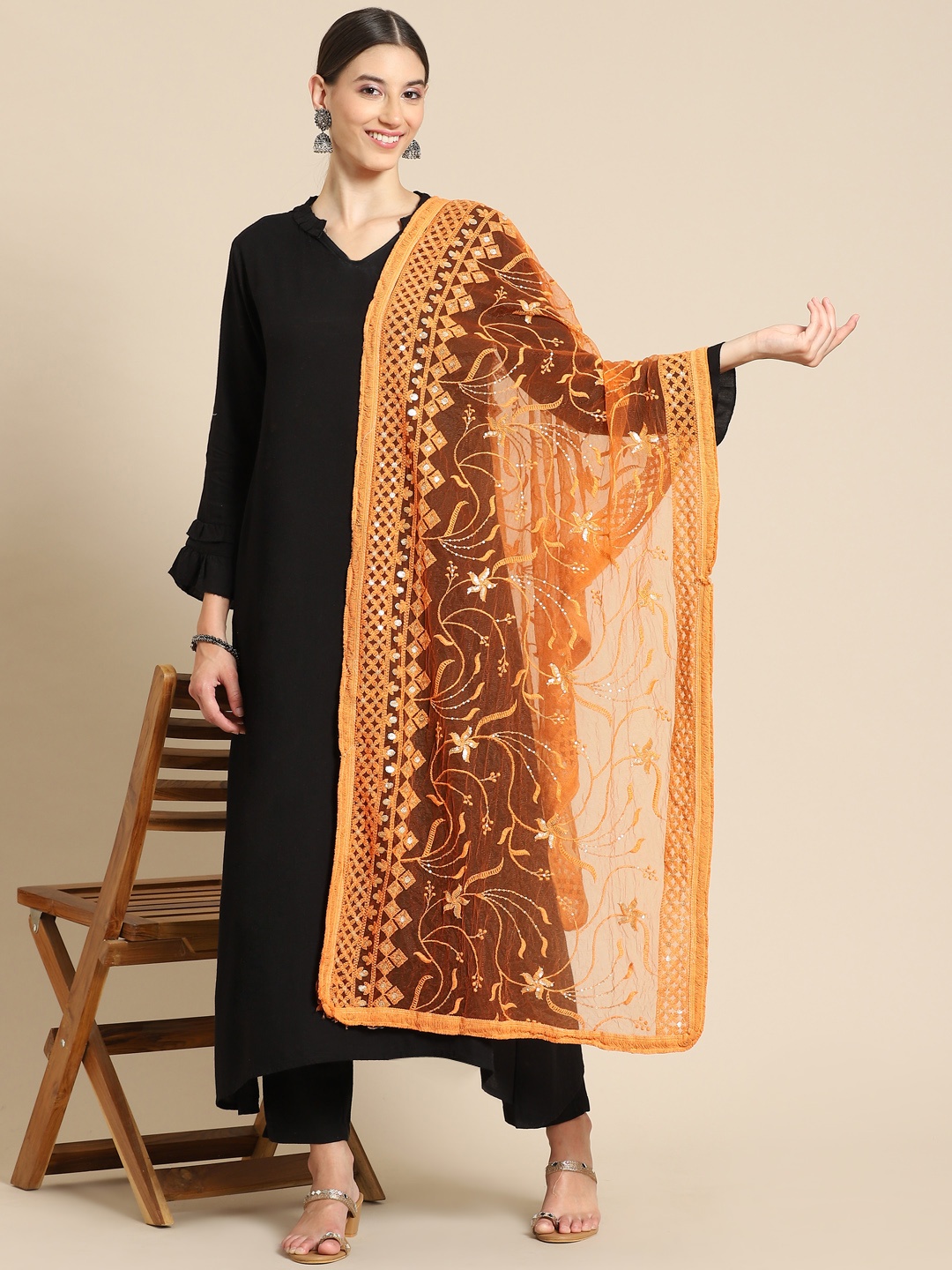 

Saadgi Peach-Coloured Chikankari Embroidered Dupatta