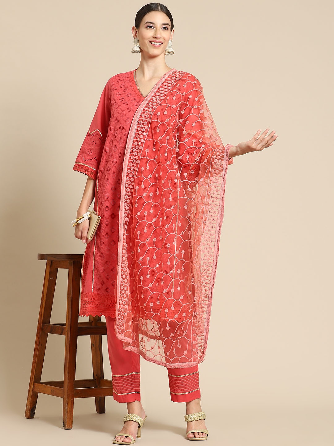 

Saadgi Peach-Coloured Chikankari Embroidered Dupatta