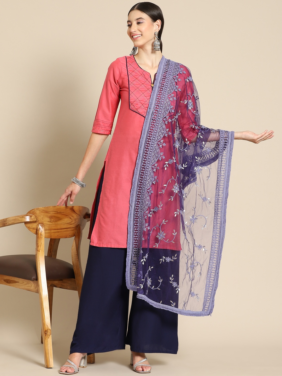 

Saadgi Blue & Gold-Toned Ethnic Motifs Embroidered Dupatta with Chikankari