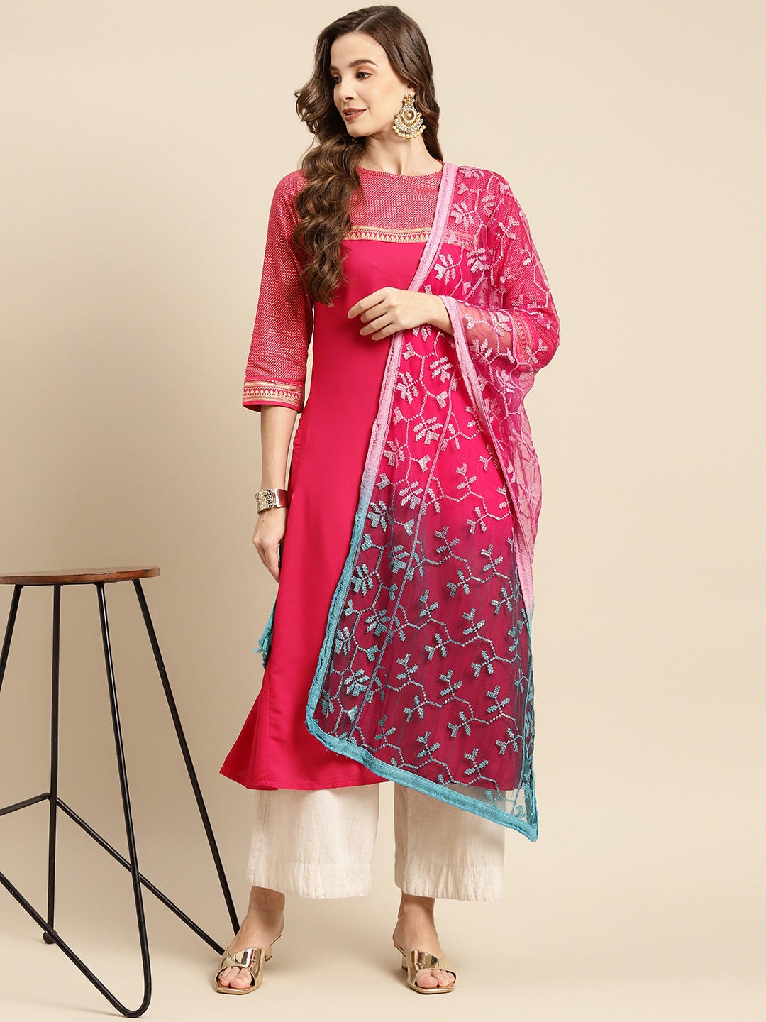 

Saadgi Pink & Teal Blue Embroidered Ombre Sequin Work Dupatta with Chikankari