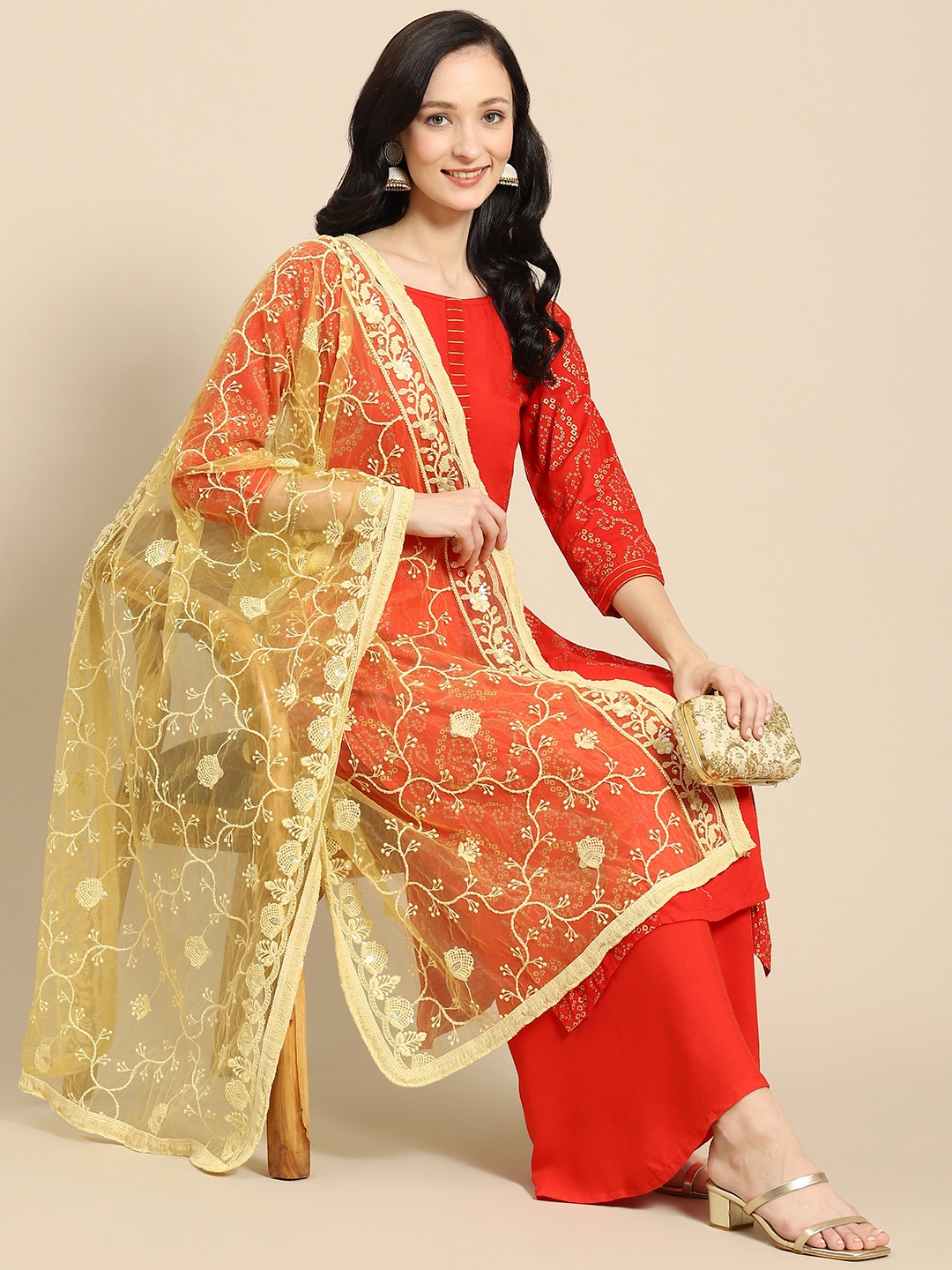 

Saadgi Mustard & Gold-Toned Embroidered Dupatta with Chikankari