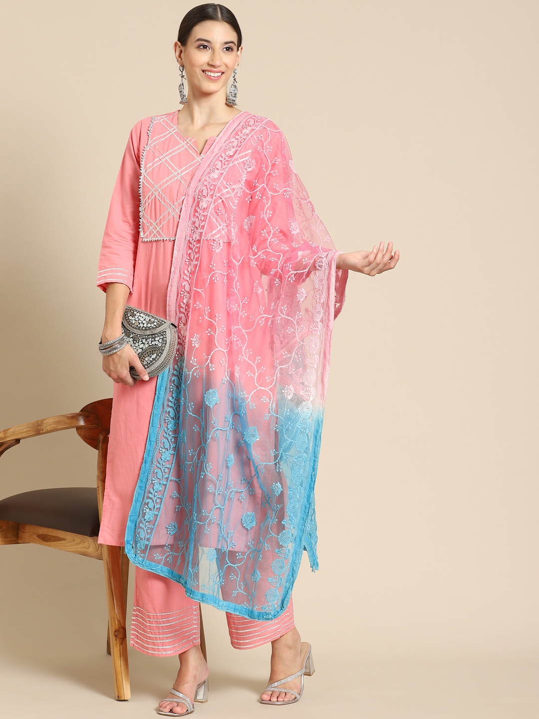 

Saadgi Pink & Blue Chikankari Embroidered Dupatta