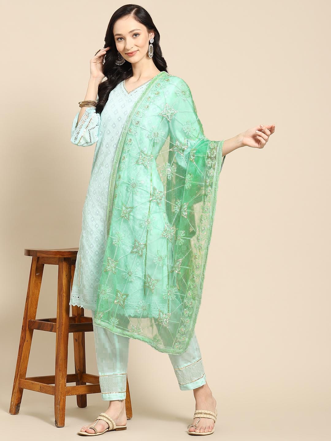 

Saadgi Sea Green Chikankari Embroidered Dupatta