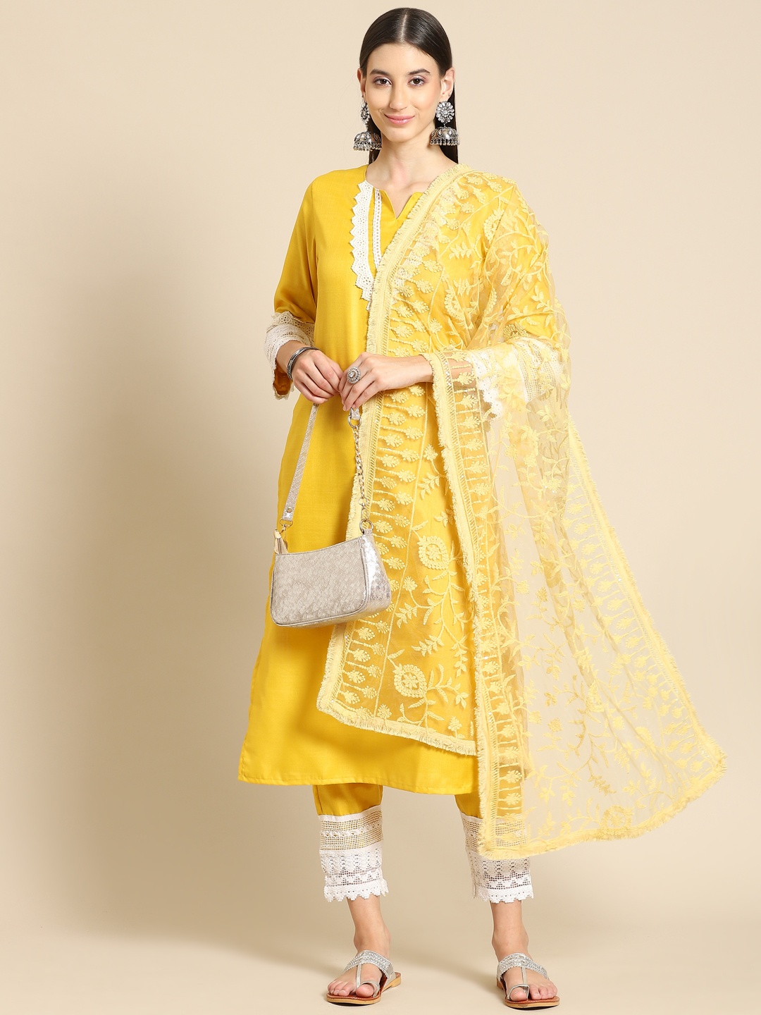 

Saadgi Yellow & Gold-Toned Ethnic Motifs Embroidered Dupatta with Chikankari