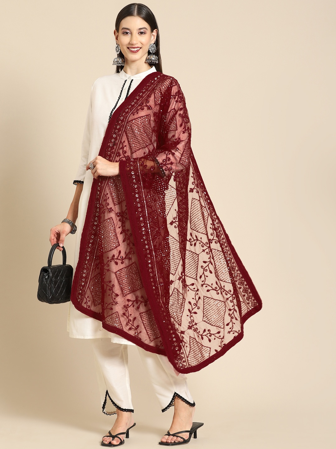 

Saadgi Maroon & Gold-Toned Ethnic Motifs Embroidered Dupatta with Chikankari