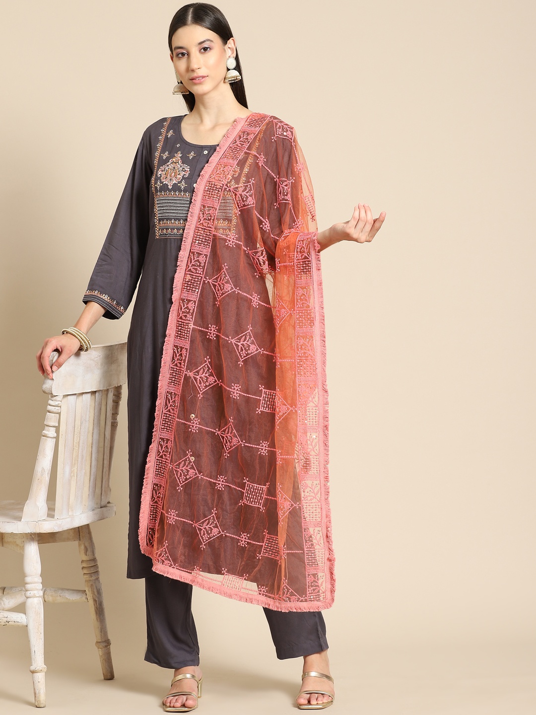 

Saadgi Peach-Coloured & Gold-Toned Ethnic Motifs Embroidered Dupatta with Chikankari