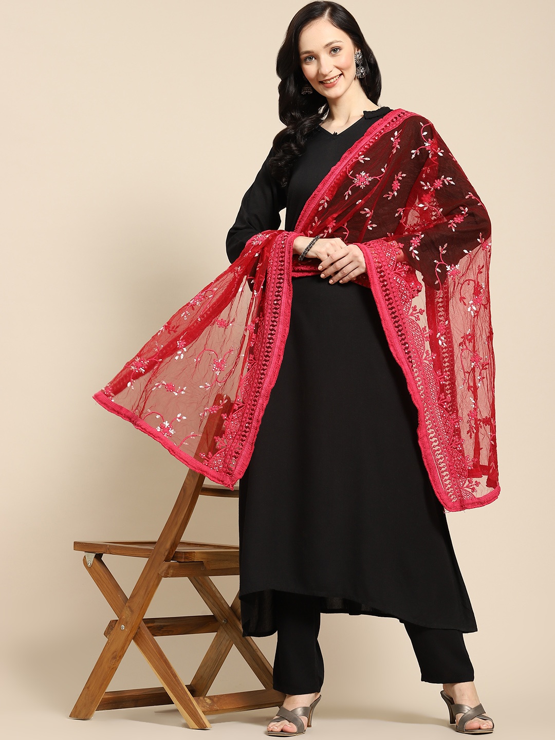 

Saadgi Red Chikankari Embroidered Dupatta