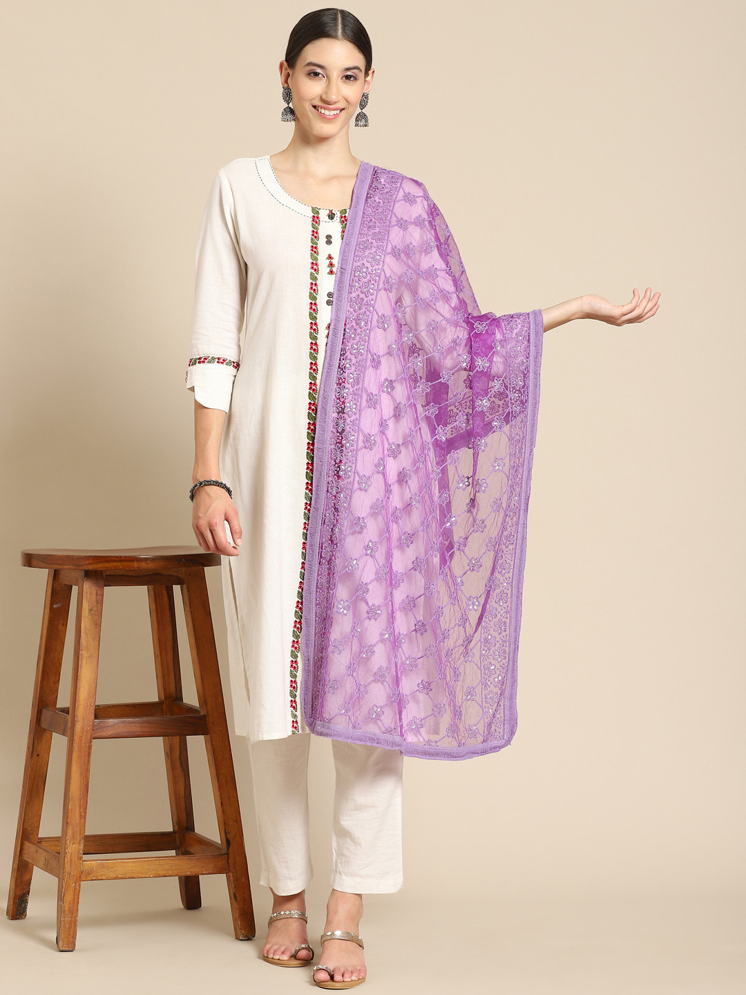 

Saadgi Purple Ethnic Motifs Embroidered Dupatta with Chikankari