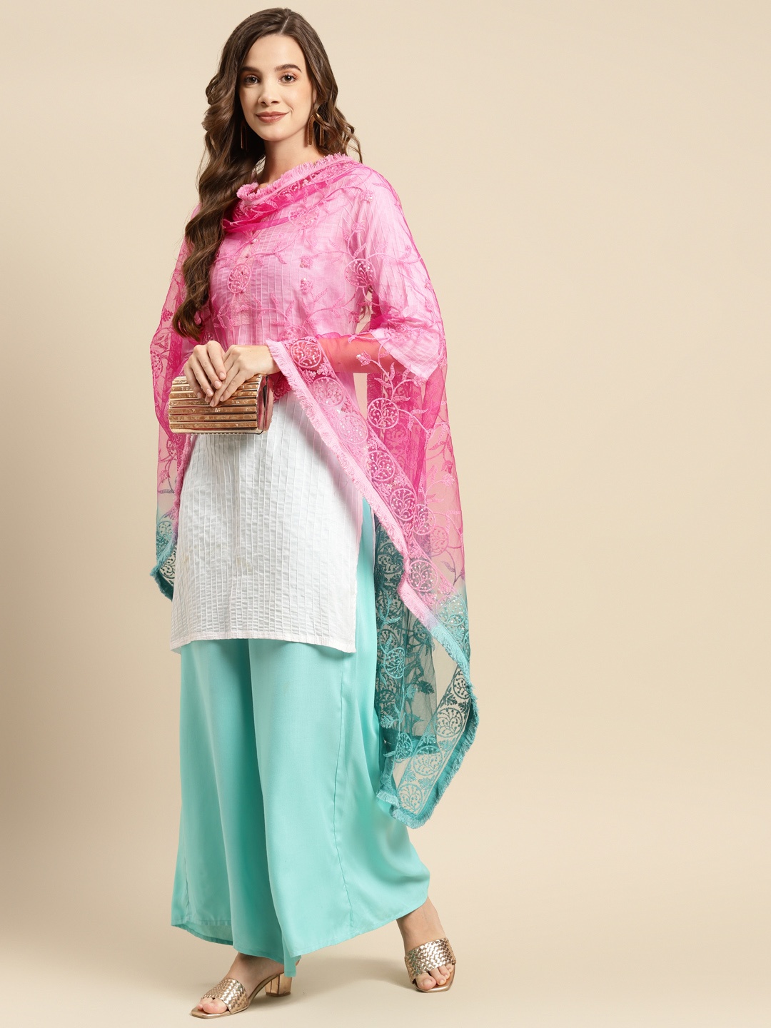 

Saadgi Pink & Turquoise Blue Ethnic Motifs Embroidered Ombre Dupatta with Chikankari