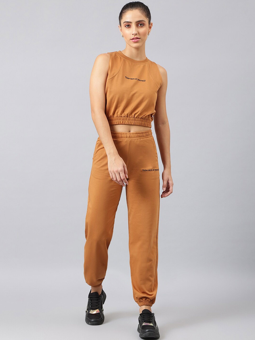 

FEMEA Women Mustard Brown Solid Co-Ord Set