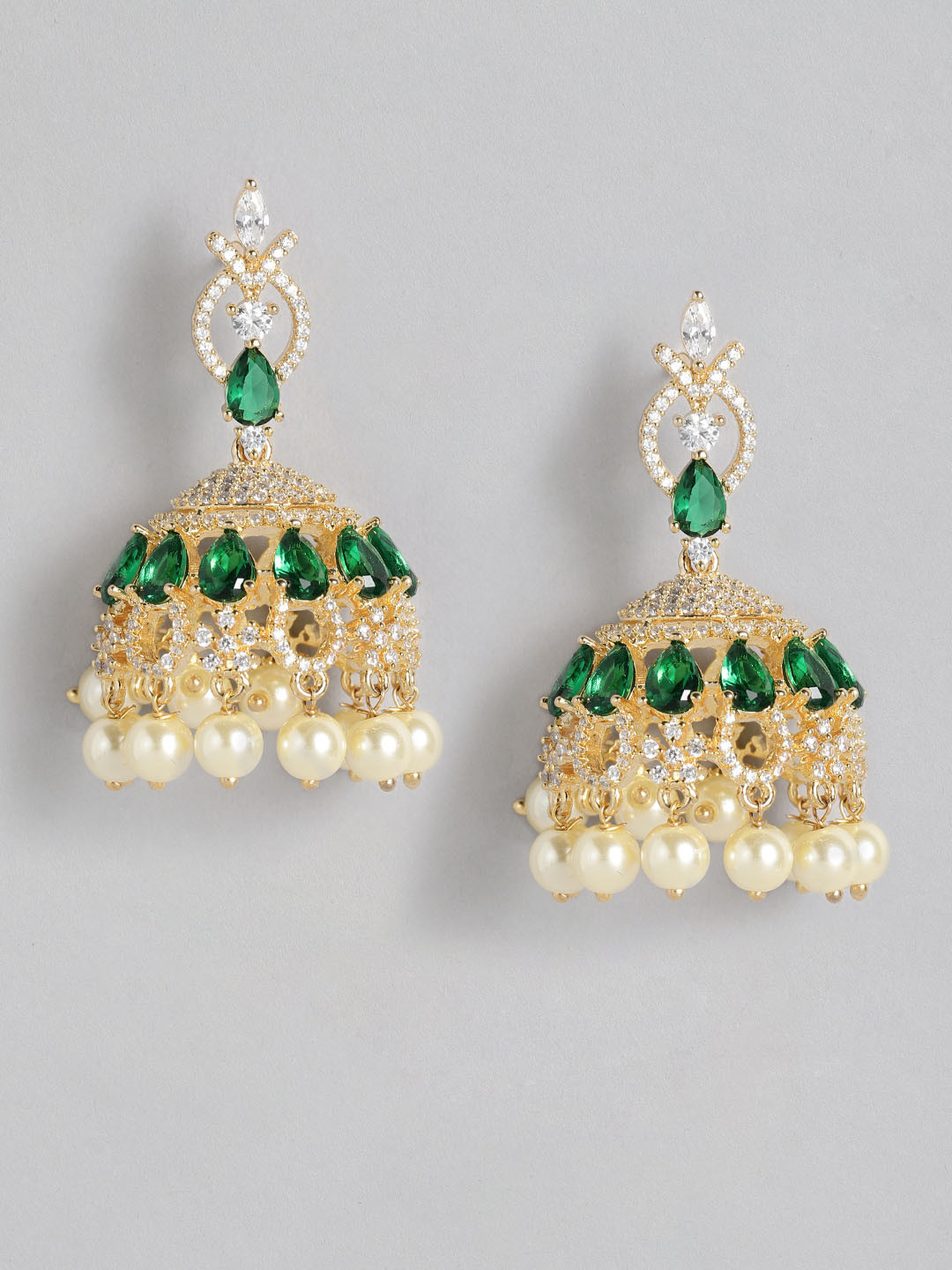 

Peora Gold-Plated & Green American Diamond Studded Jhumkas Earrings