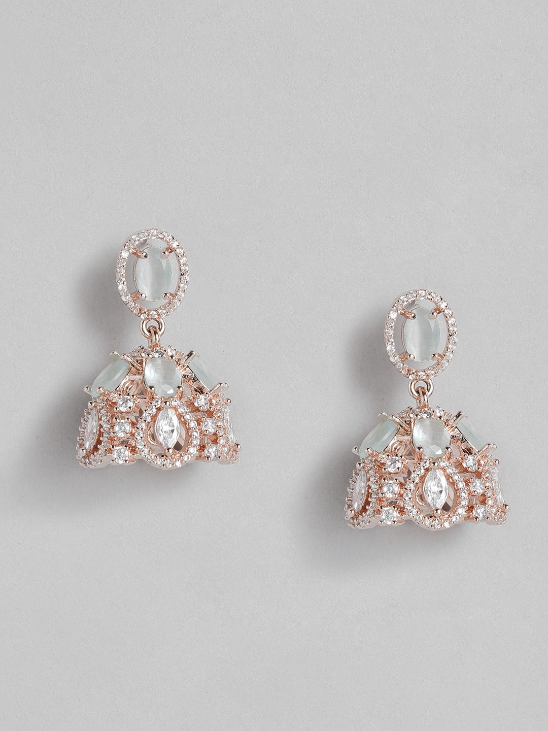 

Peora Rose Gold-Plated American Diamond Studded Dome Shaped Jhumkas Earrings
