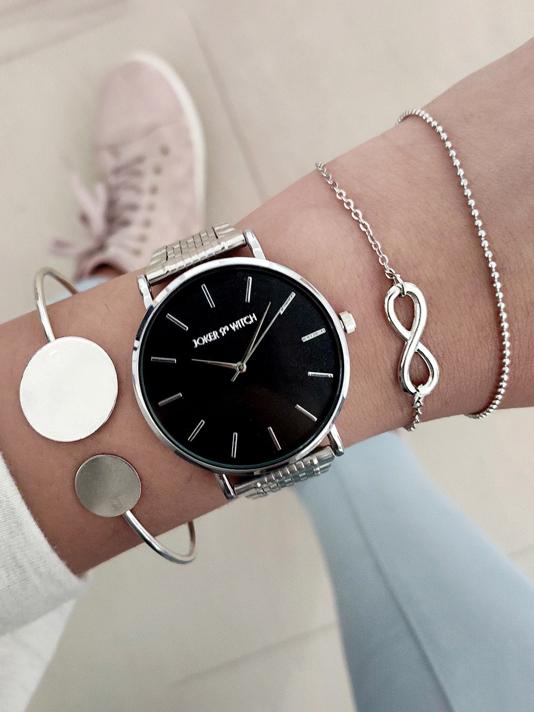 

JOKER & WITCH Women Silver-Toned & Black Watch Gift Set Set