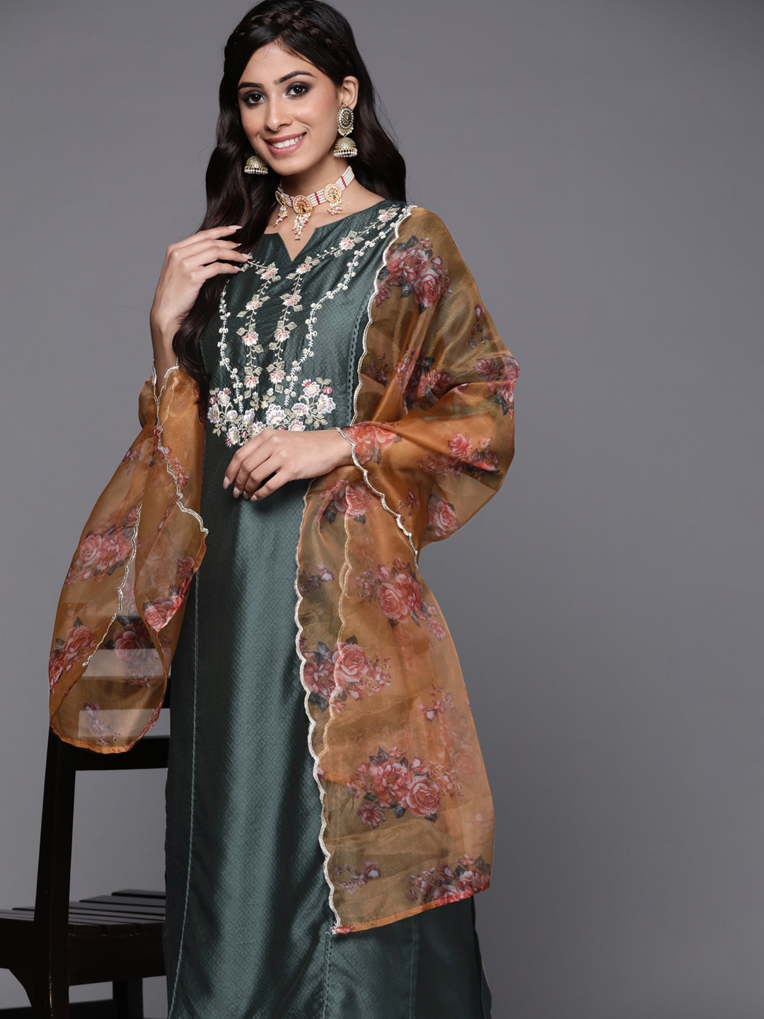 

Indo Era Women Green Ethnic Motifs Embroidered Kurta with Trousers & With Dupatta