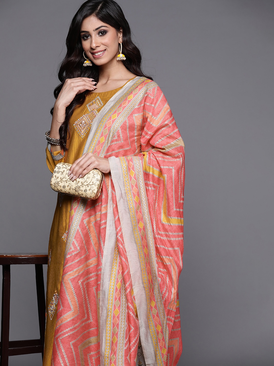 

Indo Era Women Mustard Yellow Embroidered Thread Work Liva Kurta with Palazzos & With Dupatta