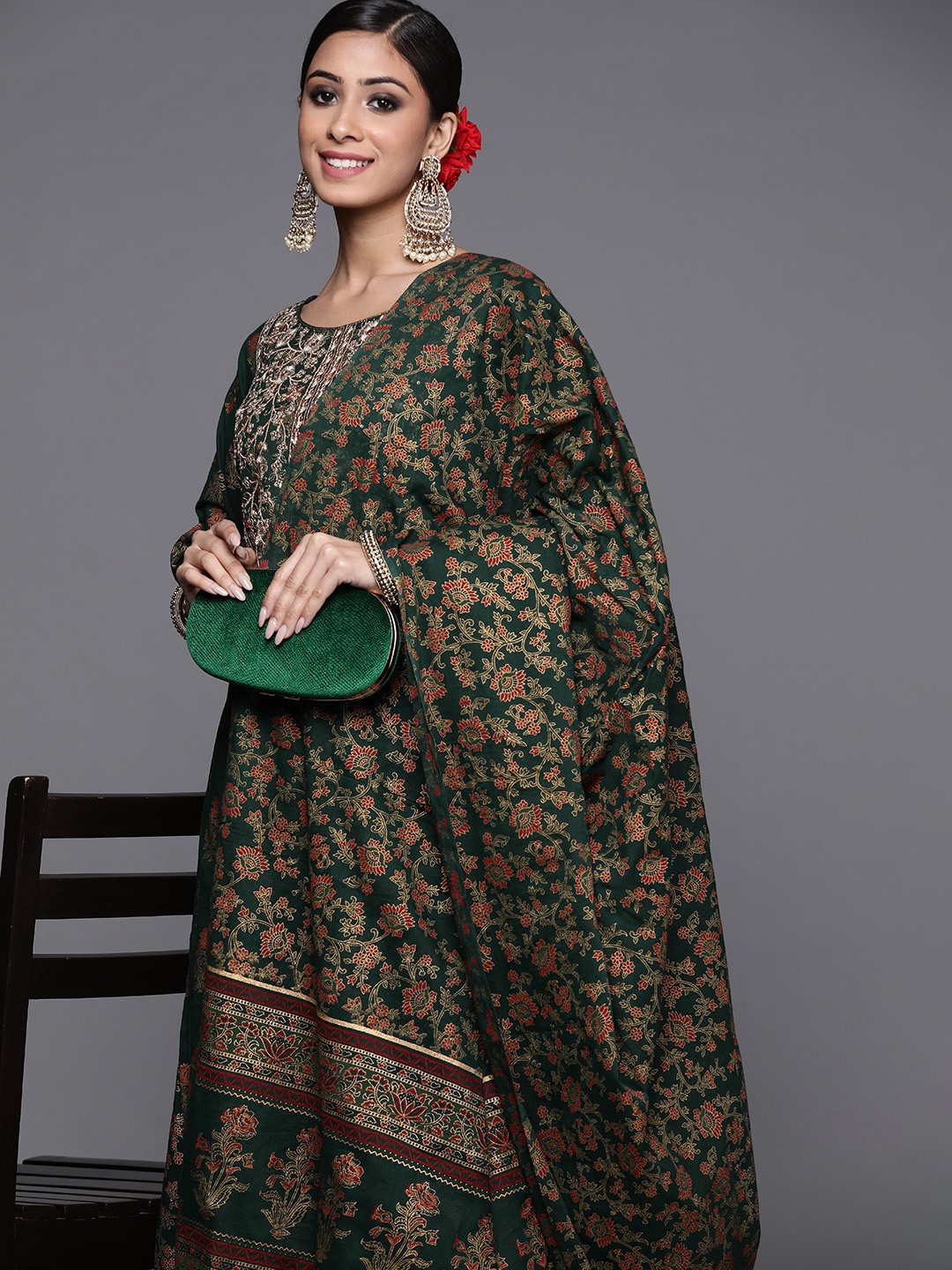 

Indo Era Women Green Ethnic Motifs Printed Sequinned Kurta with Skirt & With Dupatta