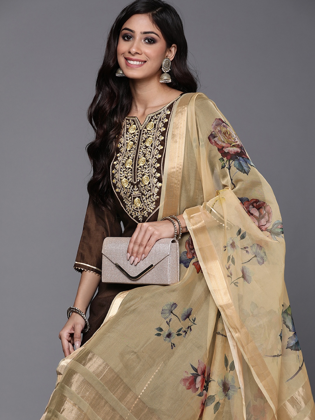 

Indo Era Women Brown Yoke Design Liva Kurta with Palazzos & With Dupatta