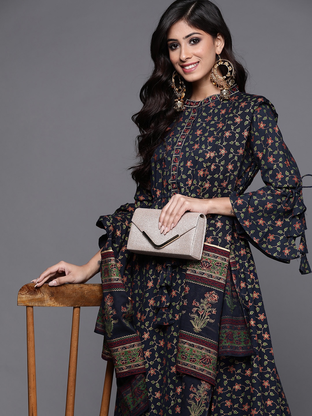 

Indo Era Women Navy Blue Floral Printed Kurta with Palazzos & With Dupatta