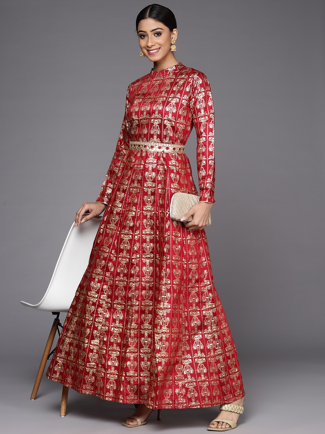 

Indo Era Red & Gold-Toned Ethnic Motifs Liva Ethnic A-Line Maxi Ethnic Dress