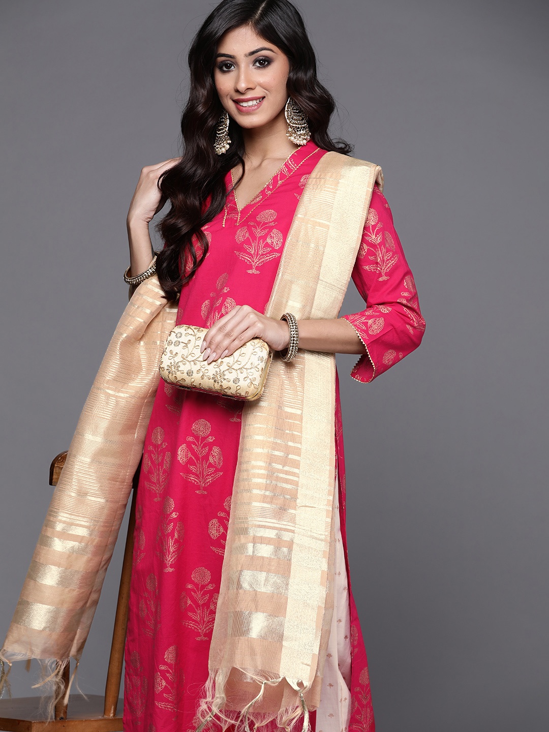 

Indo Era Women Pink Ethnic Motifs Printed Gotta Patti Liva Kurta with Palazzos & With Dupatta