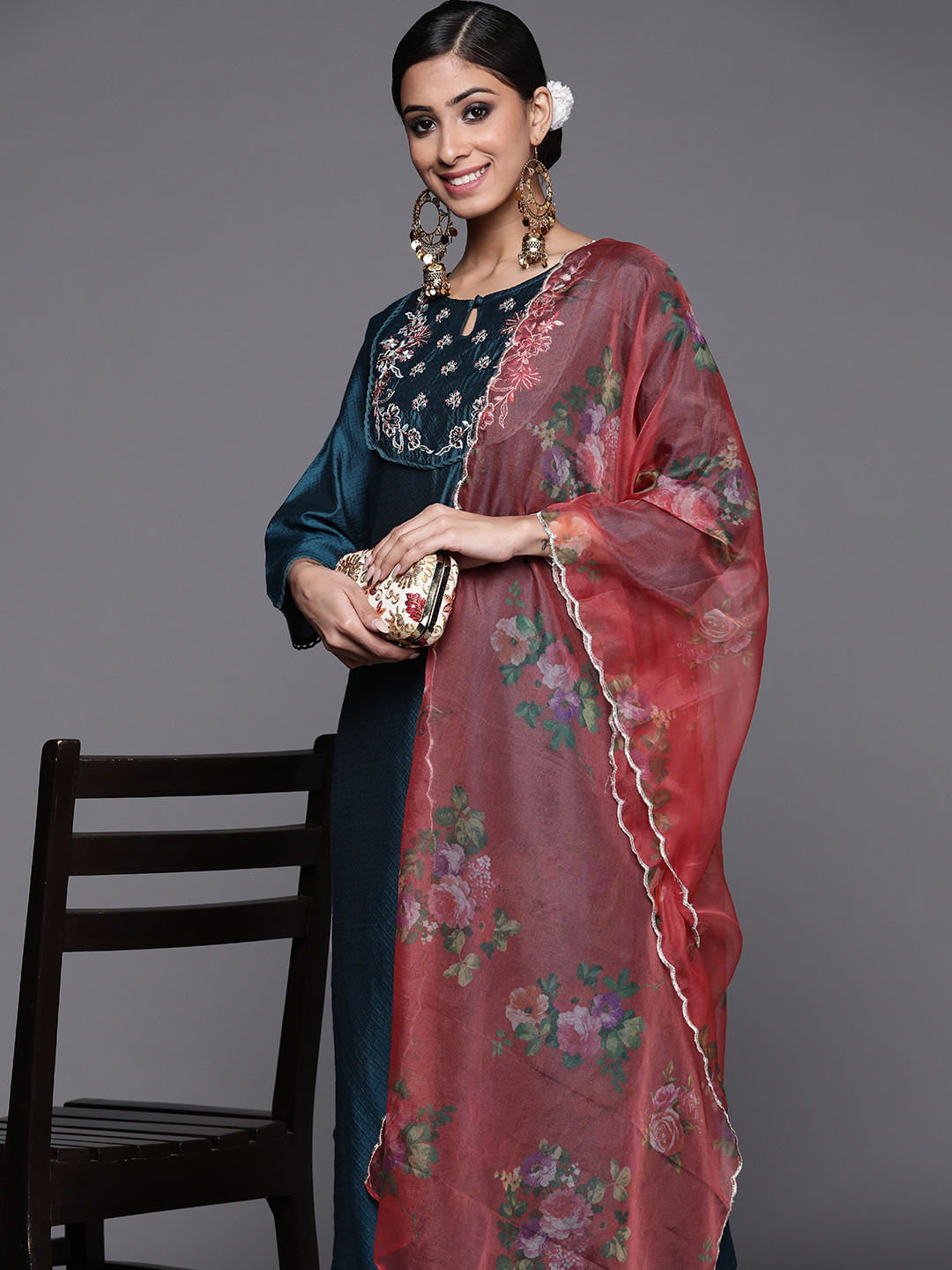 

Indo Era Women Teal Ethnic Motifs Embroidered Kurta with Trousers & With Dupatta