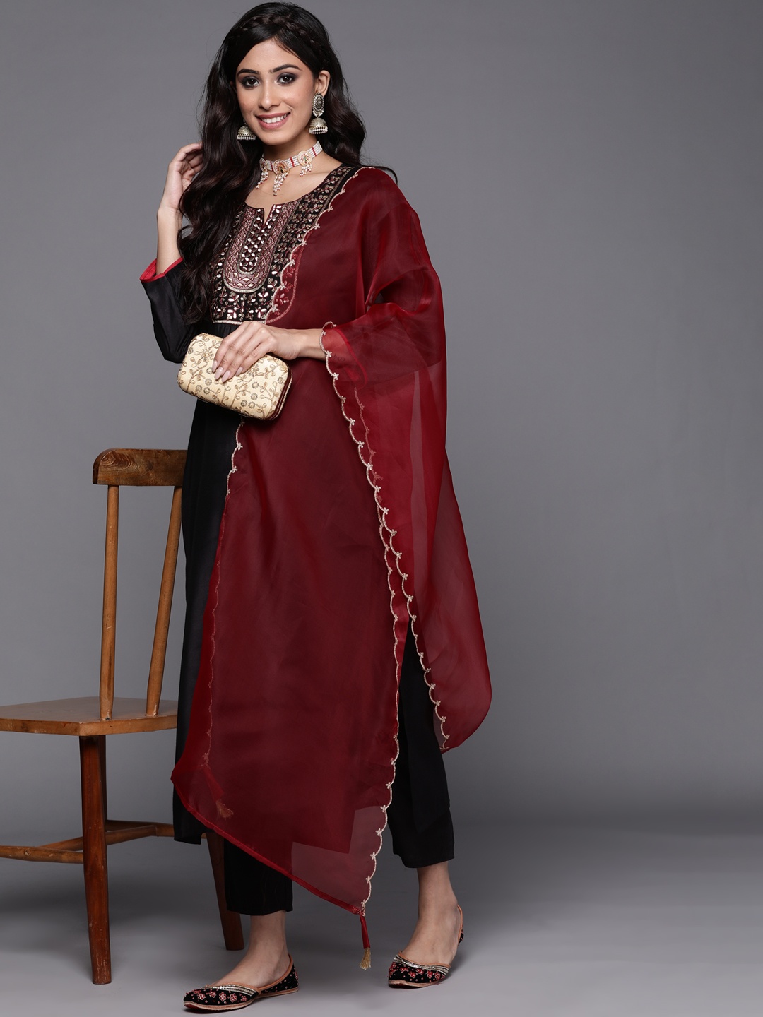 

Indo Era Women Black Ethnic Motifs Embroidered Sequinned Liva Kurta with Trousers & With Dupatta
