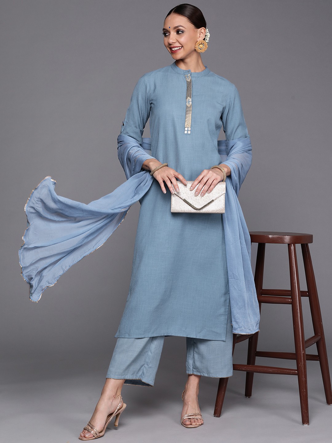 

Indo Era Women Blue Embroidered Kurta with Trousers & With Dupatta