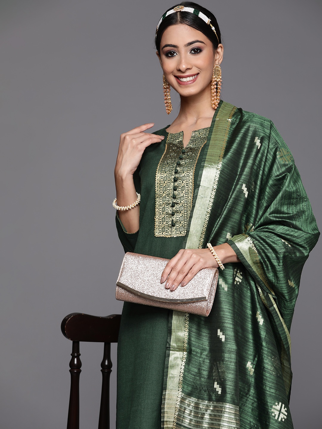 

Indo Era Women Green Yoke Design Gotta Patti Kurta with Trousers & With Dupatta