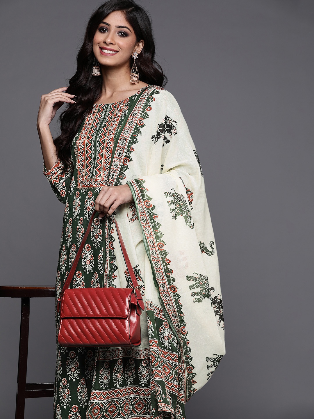 

Indo Era Women Green Ethnic Motifs Printed Kurta with Palazzos & With Dupatta