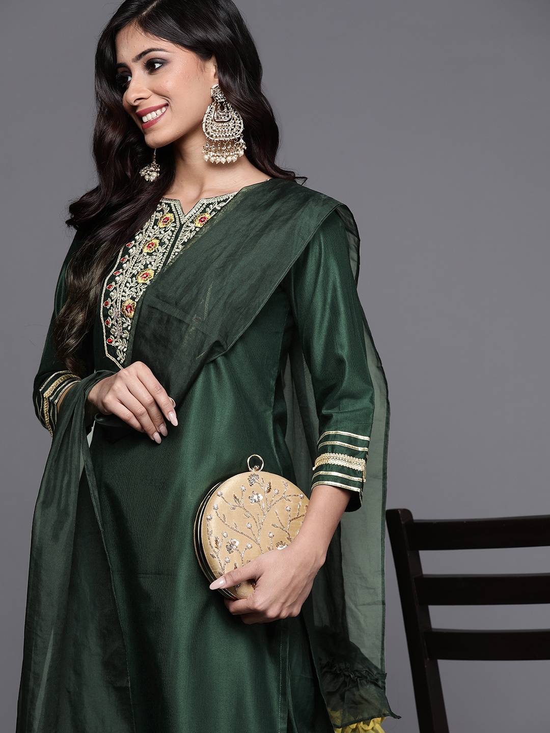 

Indo Era Women Green Floral Embroidered Liva Kurta with Palazzos & With Dupatta