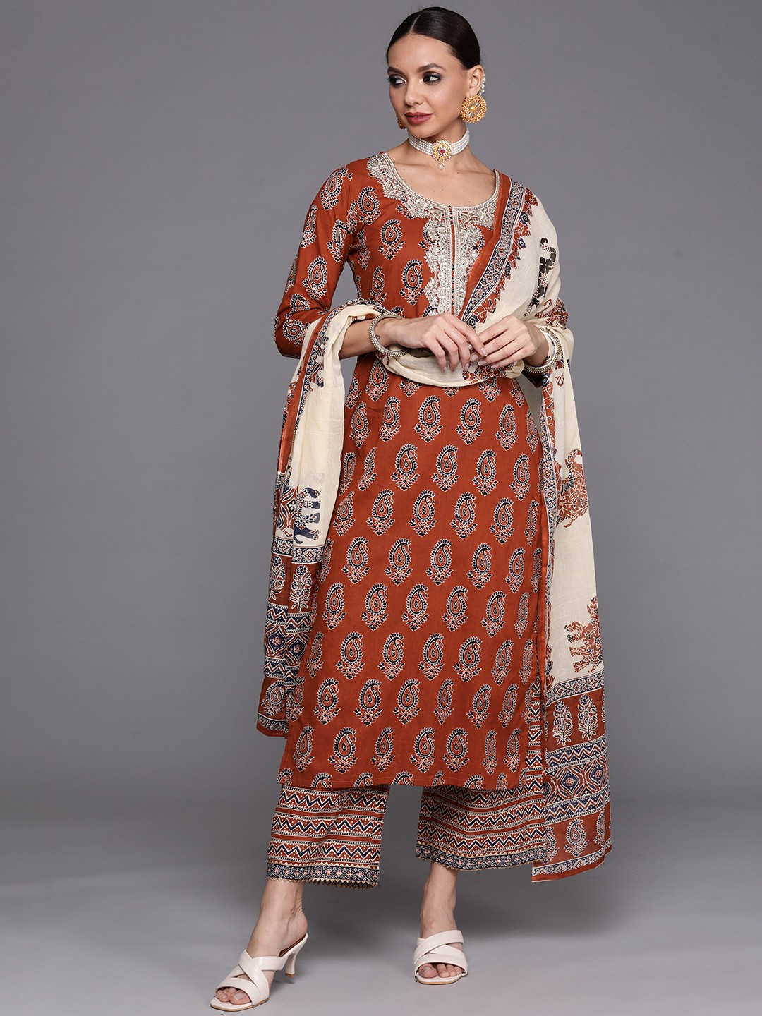 

Indo Era Women Rust Floral Printed Sequinned Kurta with Palazzos & With Dupatta