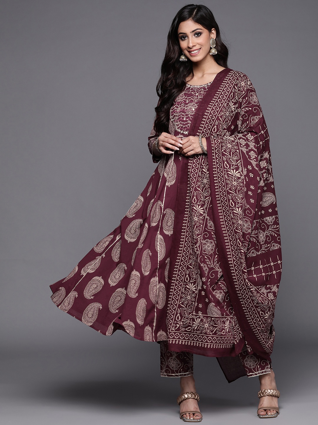 

Indo Era Women Burgundy Floral Printed Sequinned Kurta with Trousers & With Dupatta
