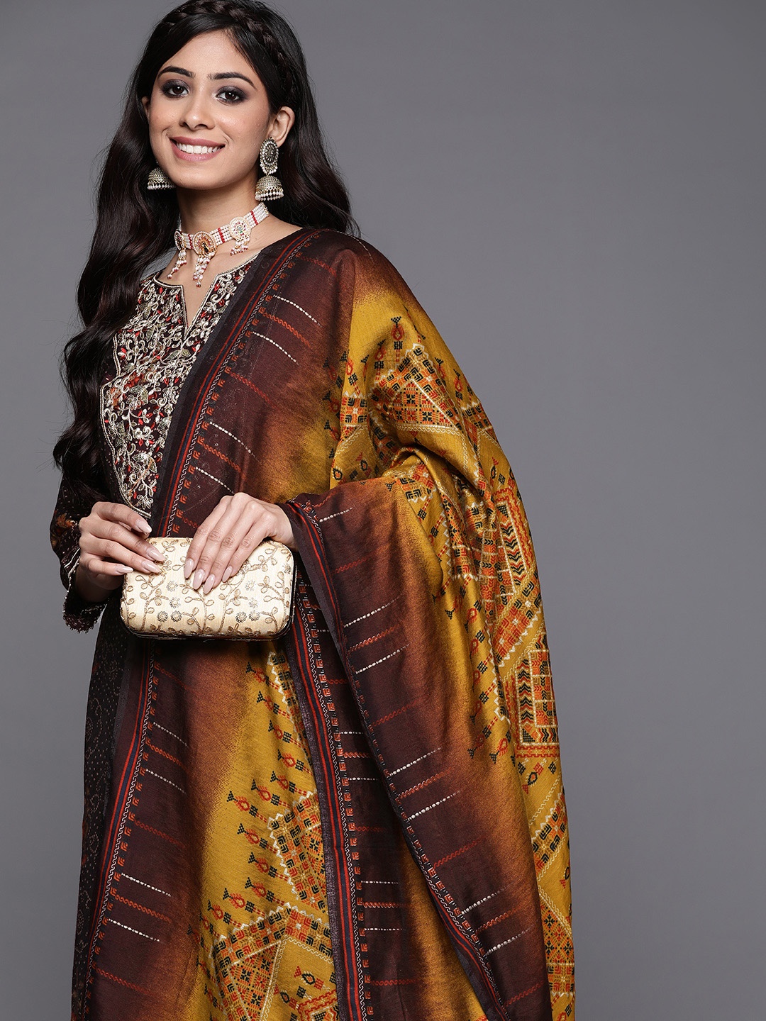 

Indo Era Women Burgundy Ethnic Motifs Printed Sequinned Kurta with Sharara & With Dupatta