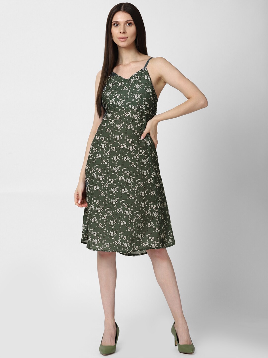 

FOREVER 21 Women Olive Green Floral V-neck Shoulder Strap Dress