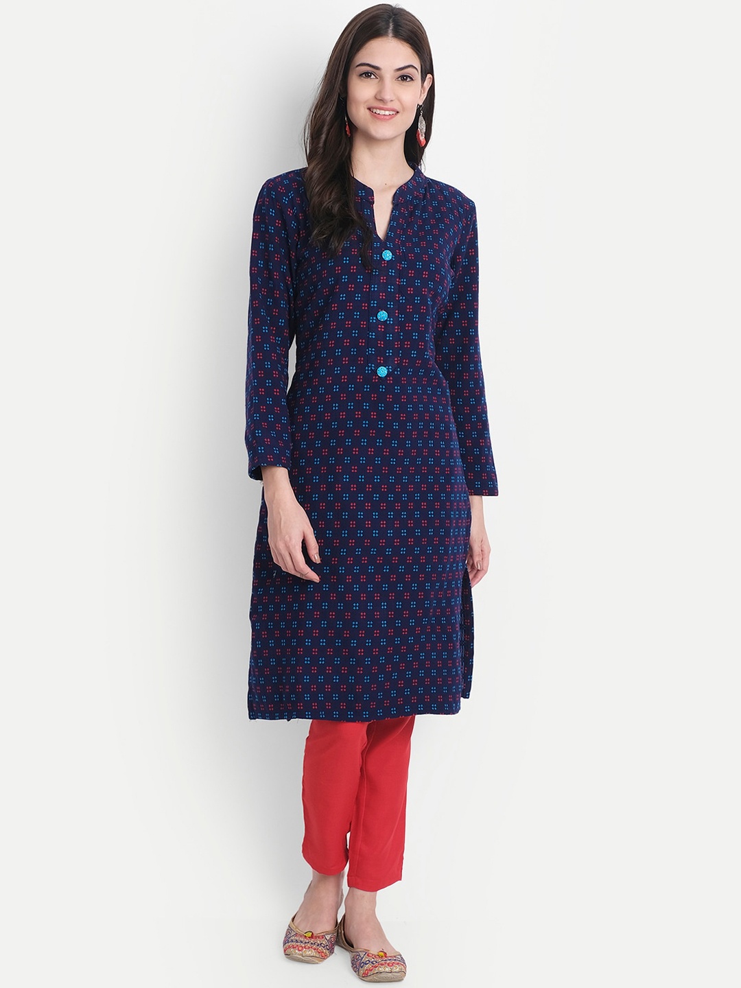 

Alavya Women Navy Blue Geometric Flared Sleeves Thread Work Dobby Kurta