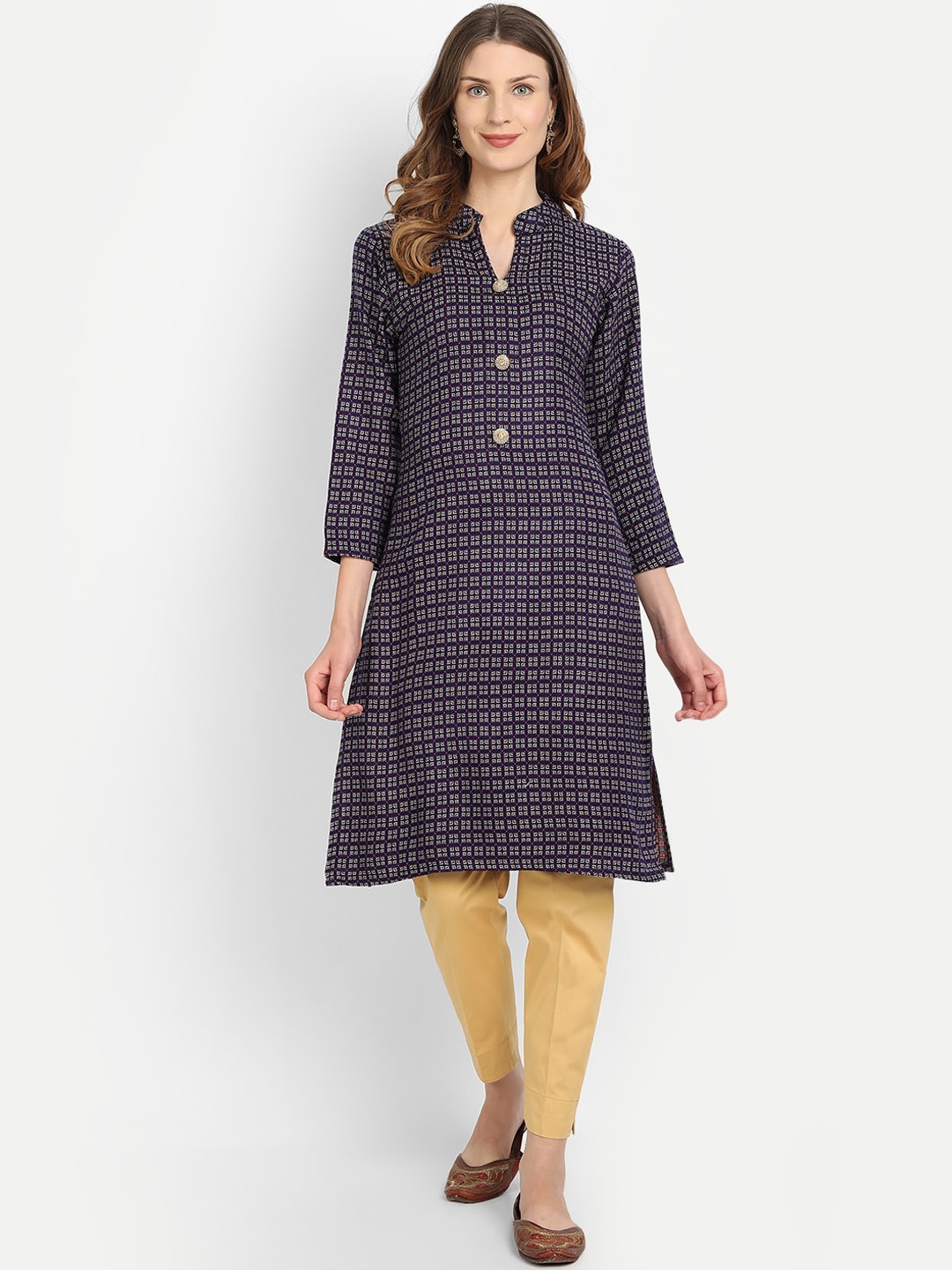 

Alavya Women Navy Blue Checked Thread Work Dobby Kurta