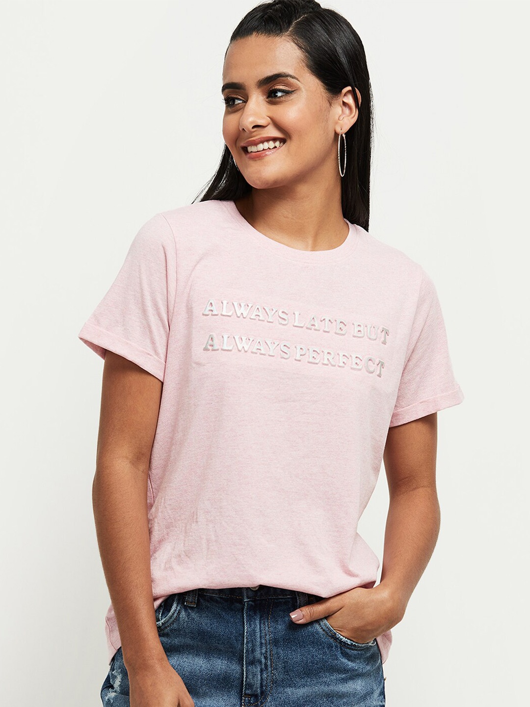 

max Women Pink Typography Printed Round Neck T-shirt