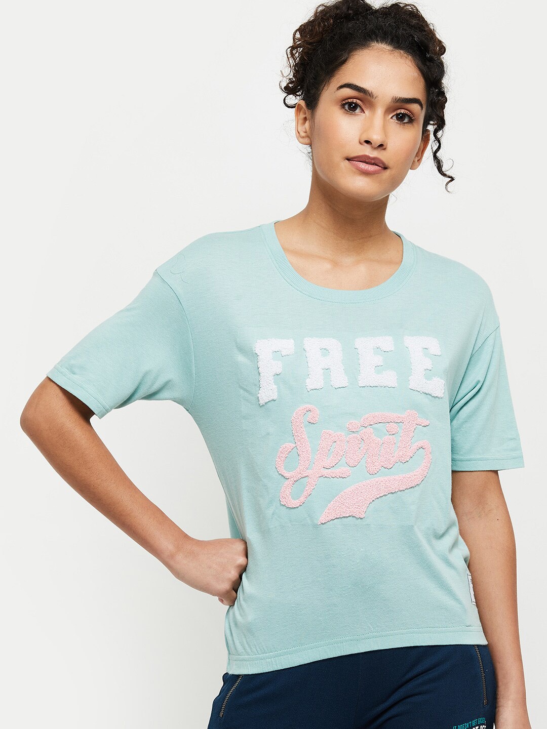 

max Women Green Typography Printed Raw Edge T-shirt