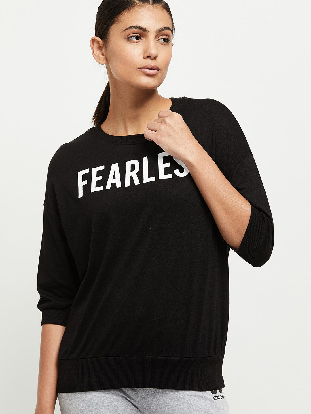 

max Women Black Typography Printed Round Neck Dolman Sleeves T-shirt