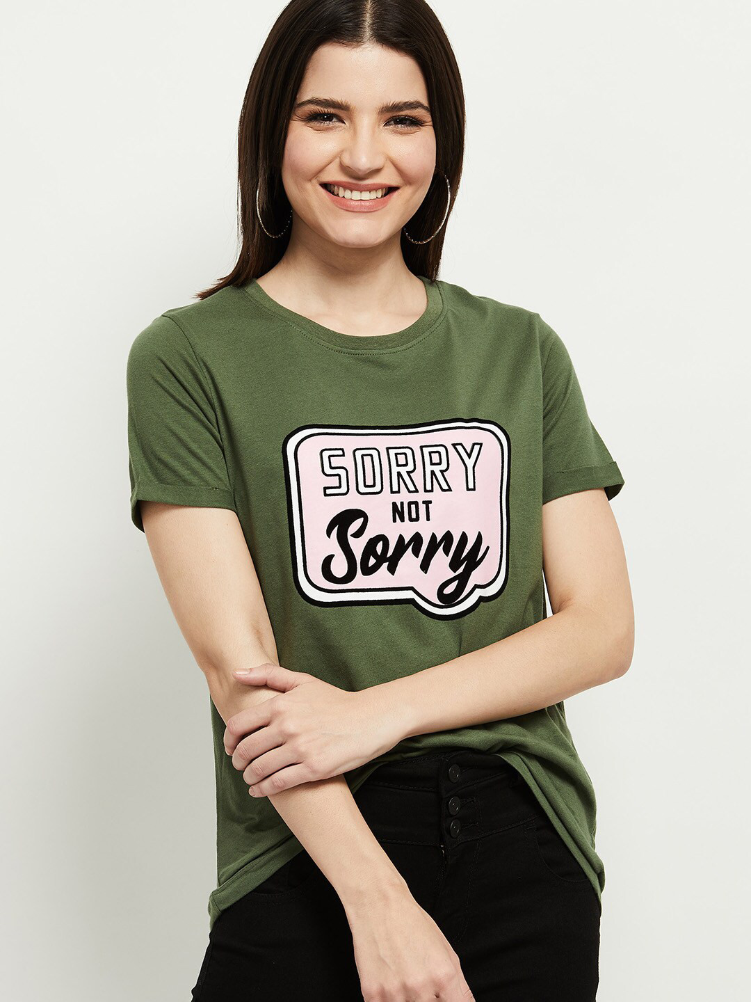 

max Women Green Typography Printed T-shirt