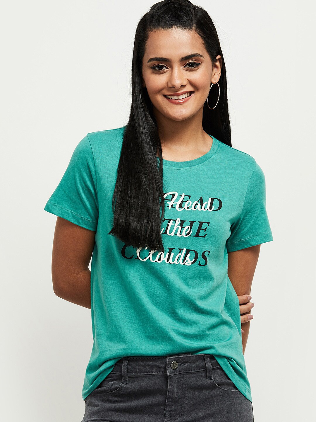 

max Women Green Typography Round Neck Printed Extended Sleeves T-shirt