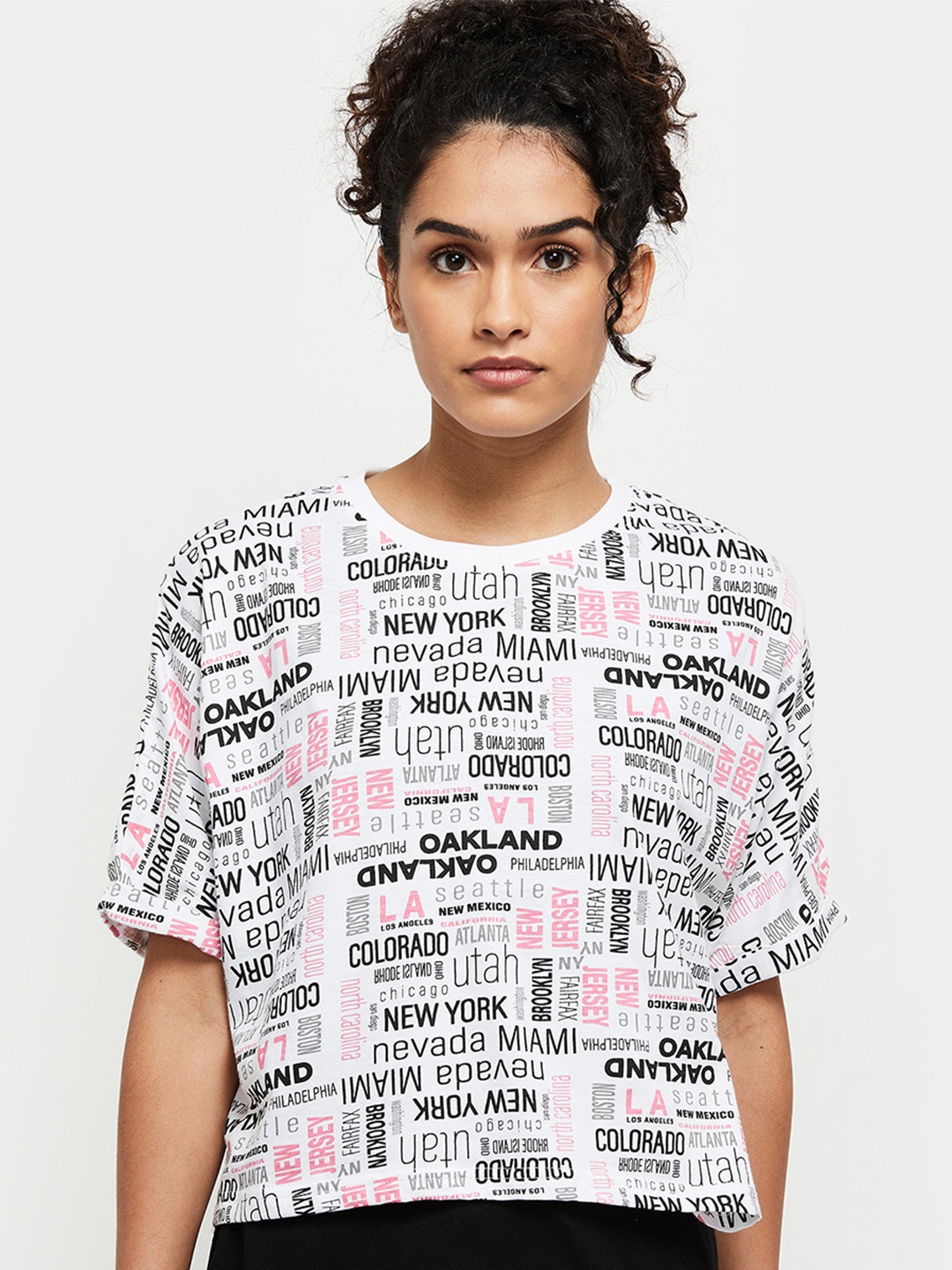 

max Women White Typography Printed Round Neck Regular T-shirt