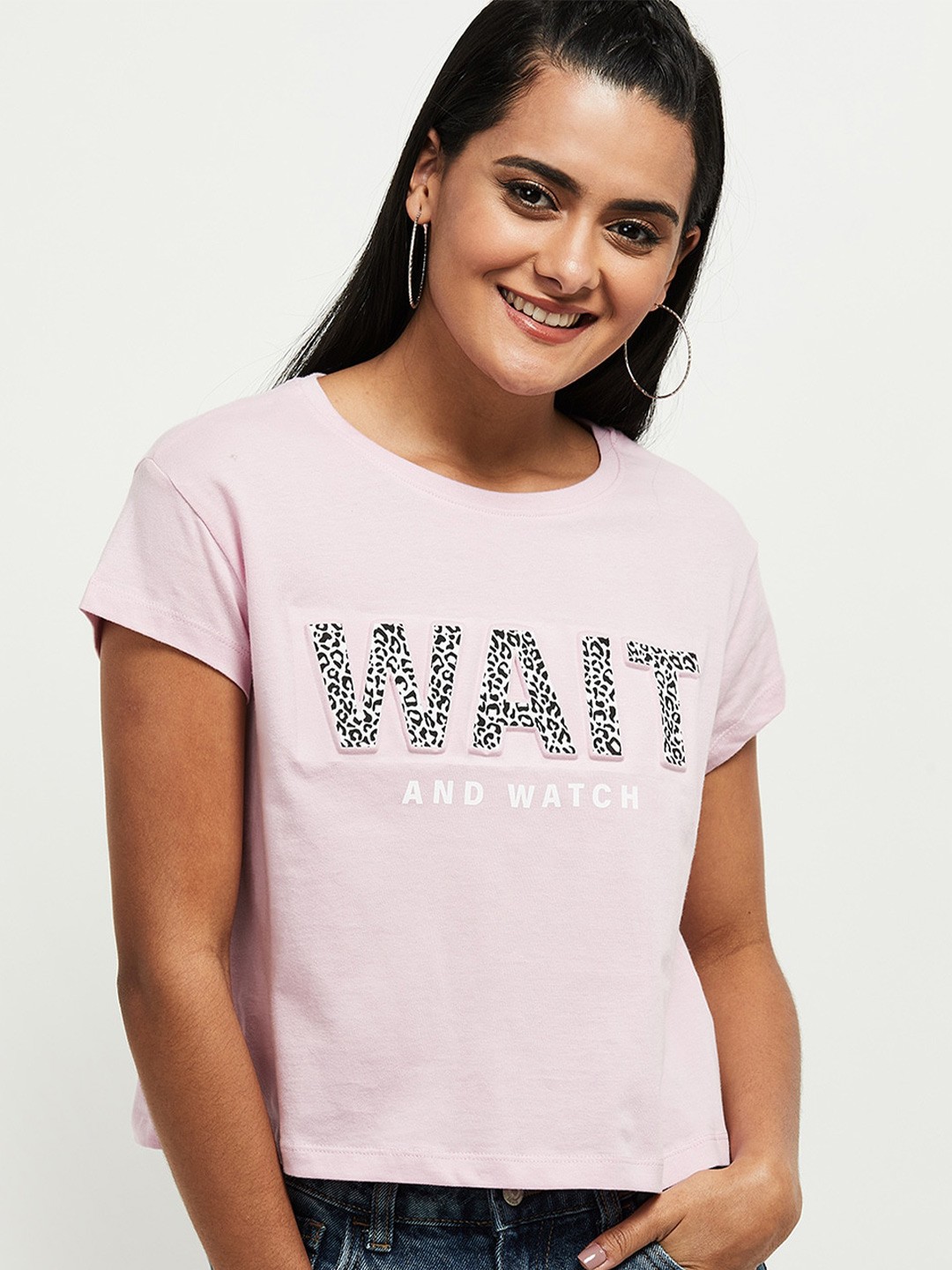 

max Women Purple Typography Printed Raw Edge T-shirt
