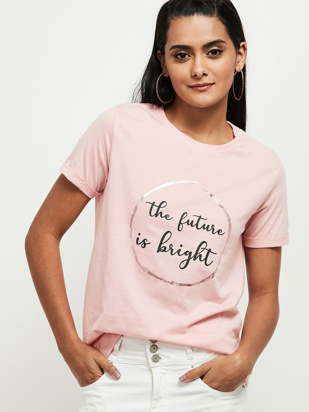 

max Women Pink Typography Print Round Neck T-shirt