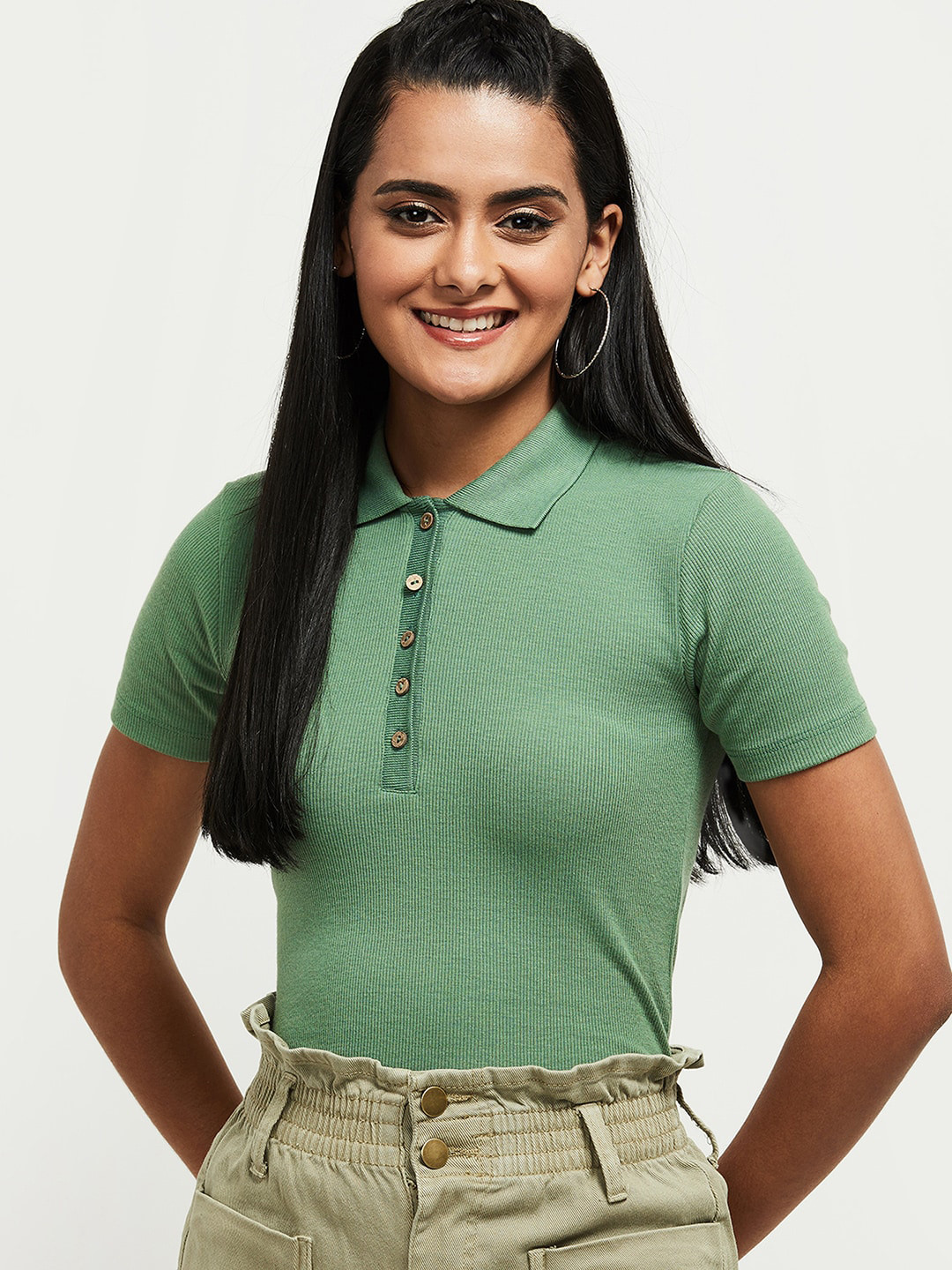 

max Women Green Polo Collar Slim Fit T-shirt