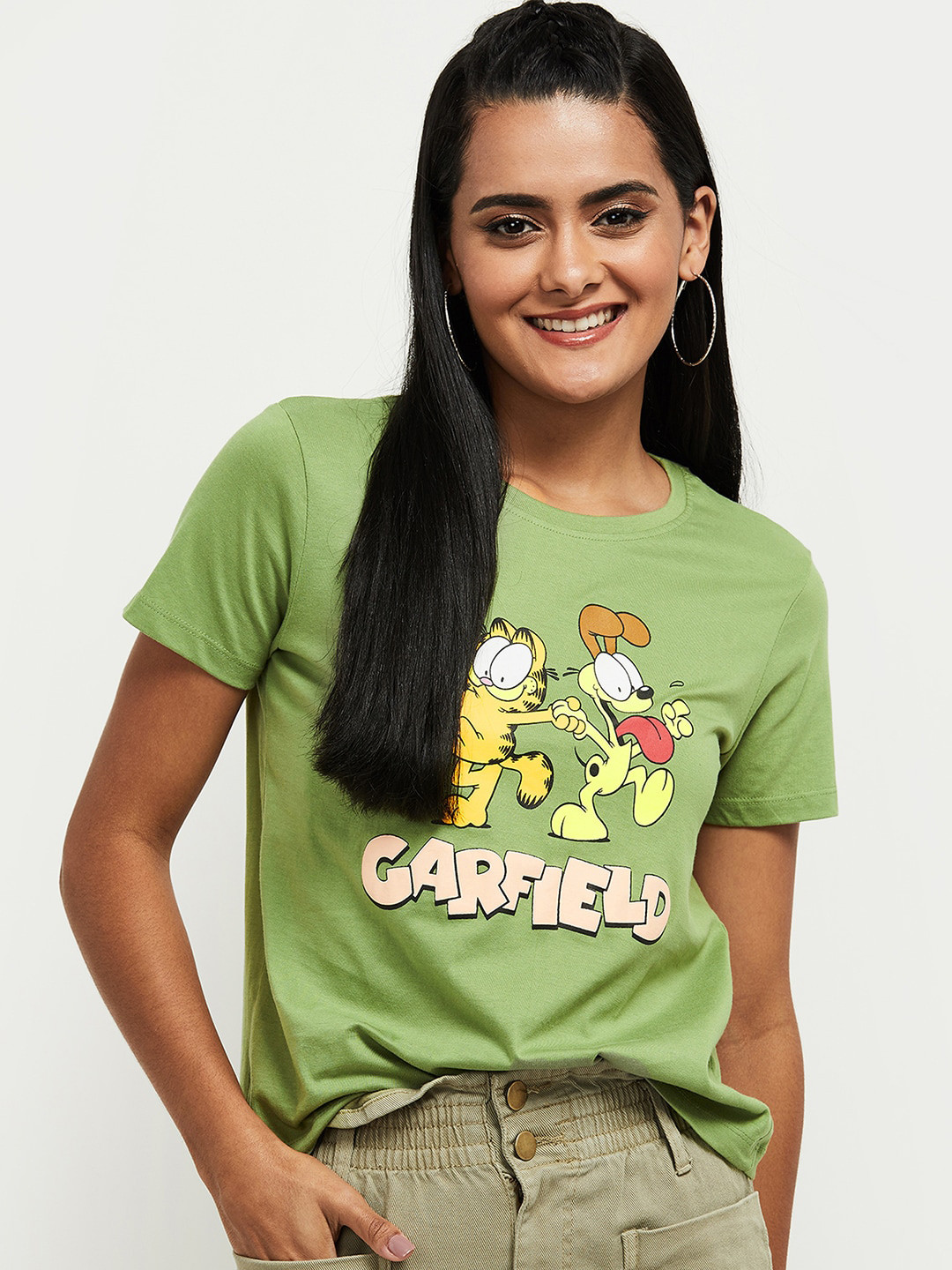 

max Women Green Printed Round Neck T-shirt